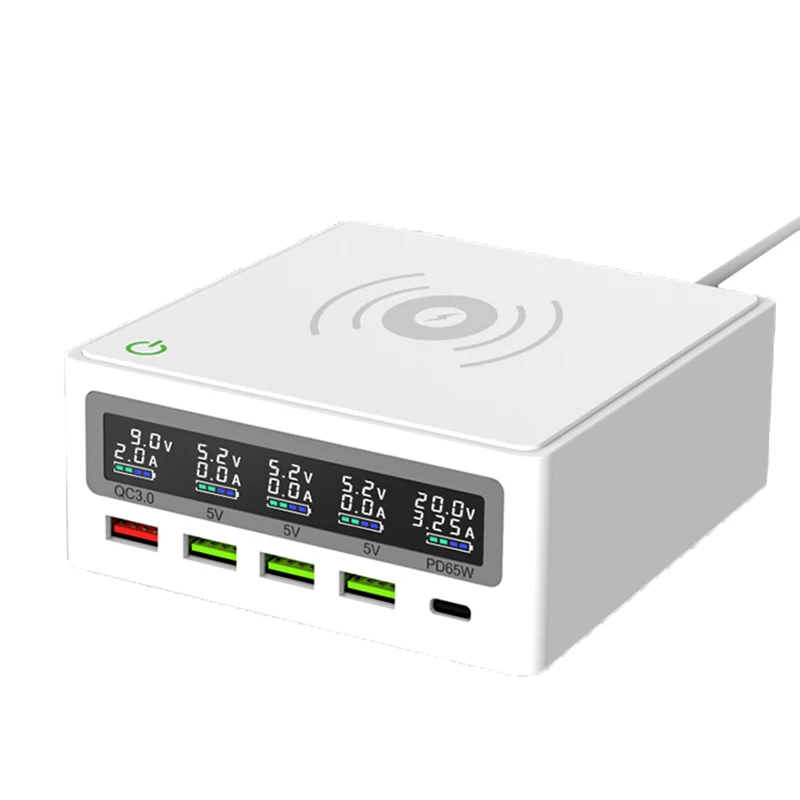 PD3.0 + QC3.0 Быстрое беспроводное зарядное устройство 5 USB портов 65 Вт для ноутбука PD