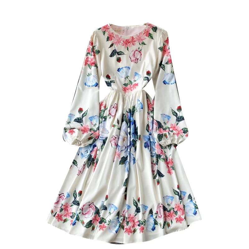 

Luxury Europe Style New Spring Autumn Women 3/4 Sleeves Vintage Floral Print Midi Dress High Street Ladies Party Dresses Vestido