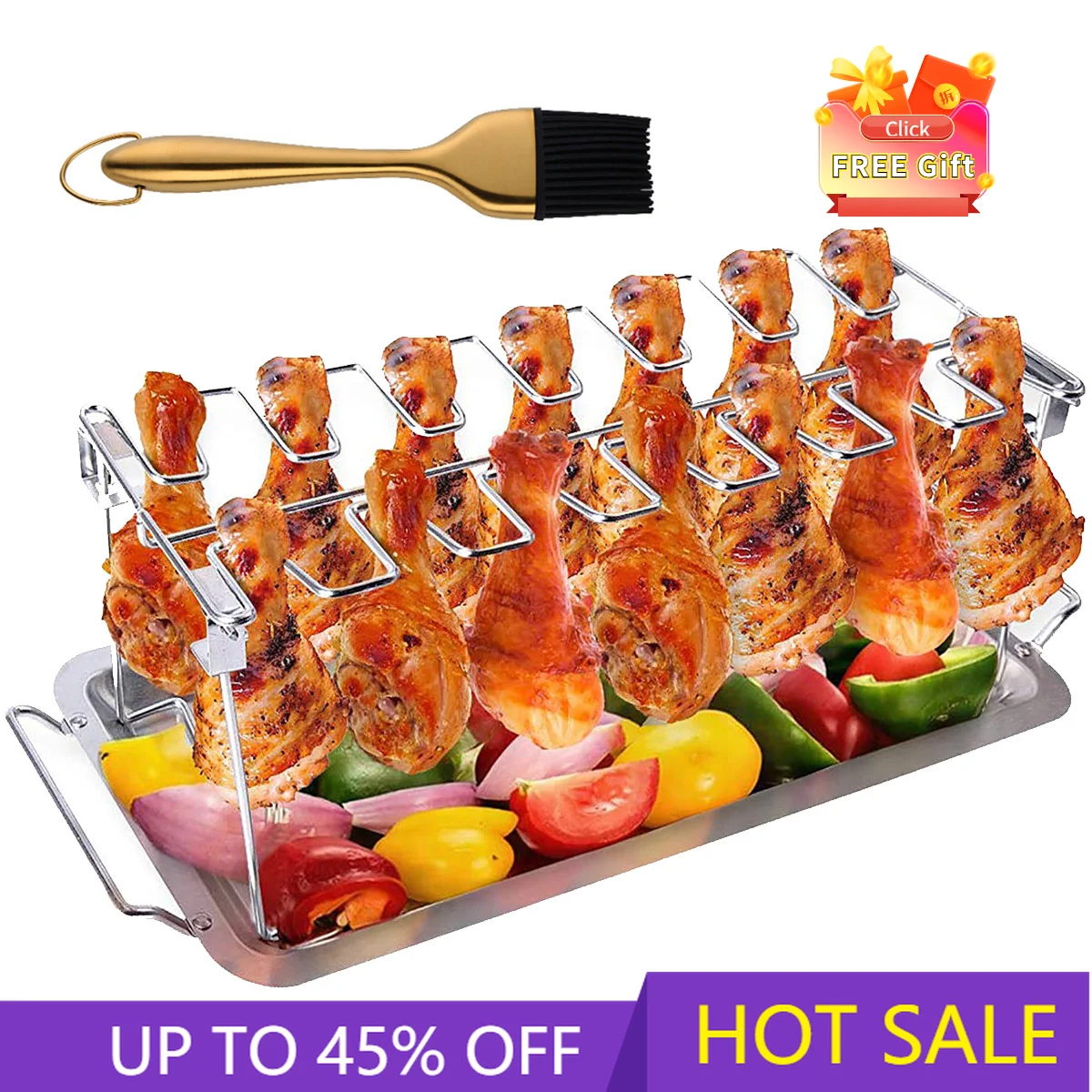 

BBQ Stainless Steel Chicken Drumsticks Rack with Drip Pan, Hang Up To 14Chicken Legs, Great To Grill Wings In Grill or Smoker