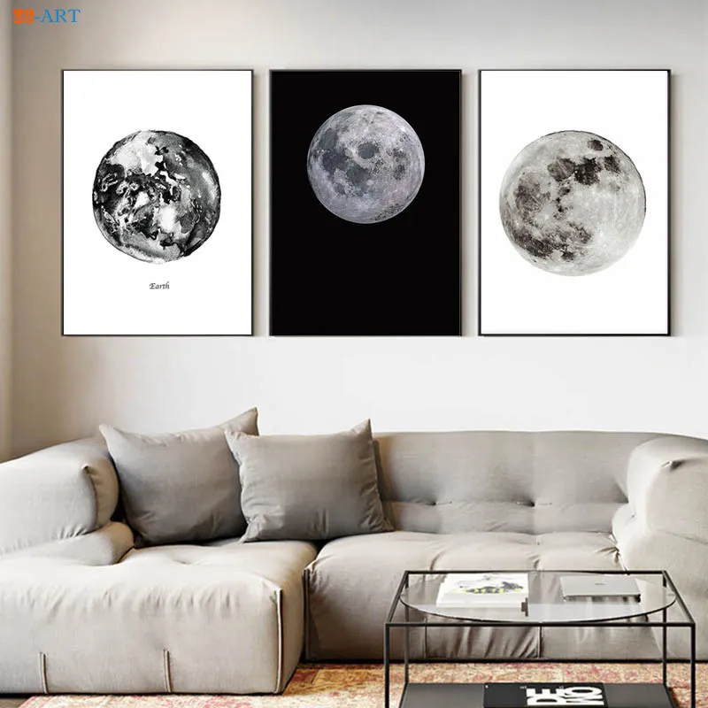 Картина на холсте черно белая луна земля с принтом Настенная живопись настенные