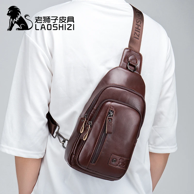 Мужская нагрудная сумка LAOSHIZI из натуральной коровьей кожи для молодых людей