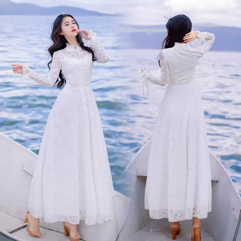 

High-End Lace Temperament Maxi Dress 2021 Spring Lace-up Bow Fungus Stand Collar Fairy Full Sleeve Dress Slimming Dress White