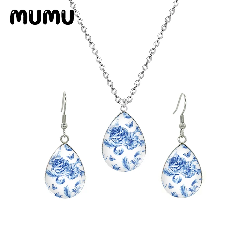 

2020 New Rose and Butterfly Tear Drop Earring Necklace Set Flowers Art Glass Cabochon Jewelry Sets Handmade Items