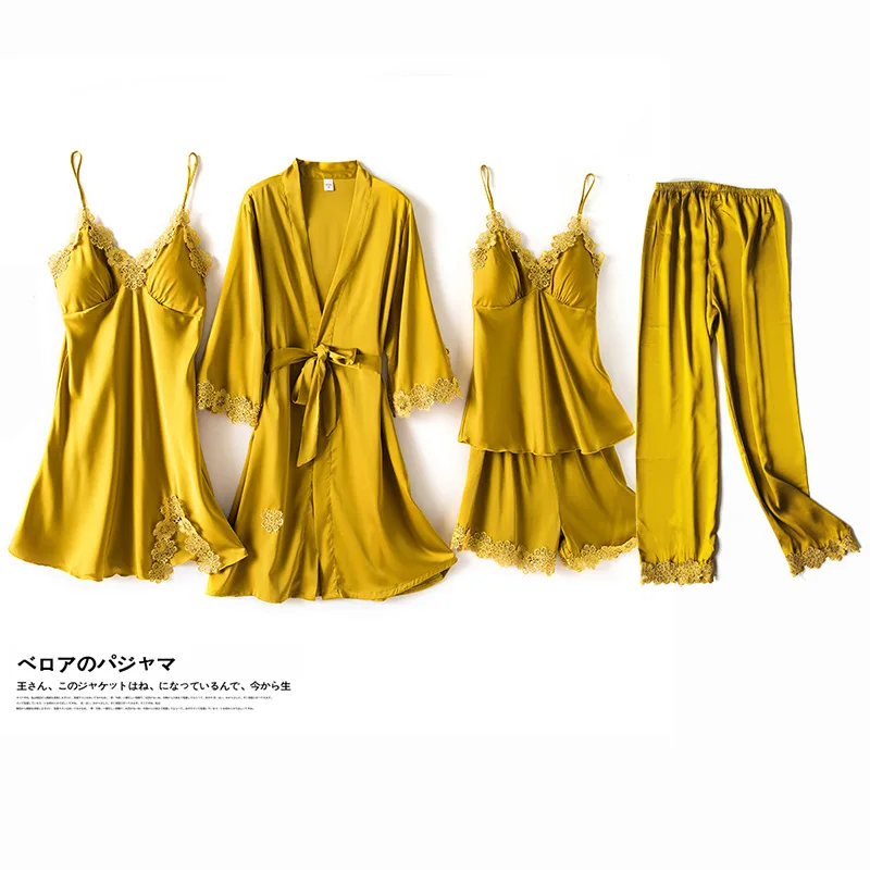 

Spring Spaghetti Strap Pajamas Five Pieces Pajama Sets Sleepwear Women Sexy Summer Lingerie Yellow Satin Lace Pijama