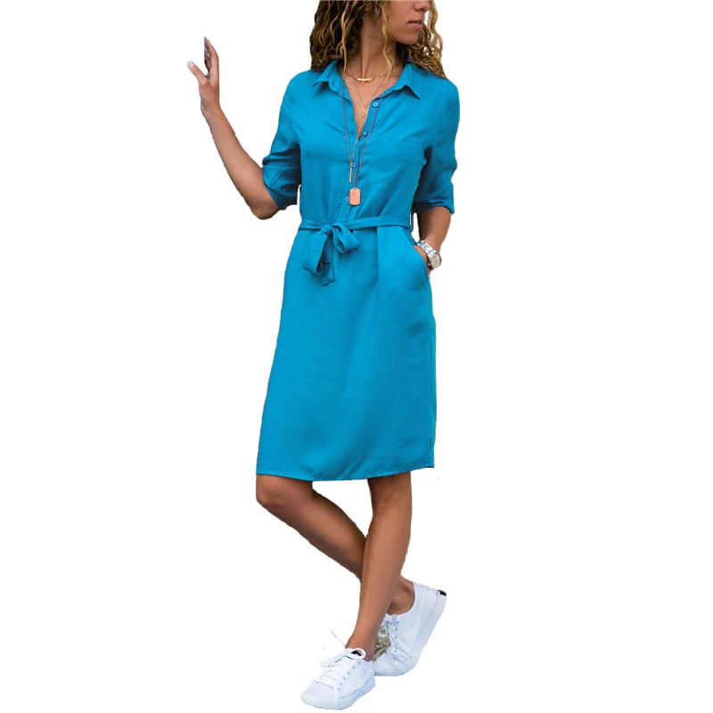 

2021 Summer Women Shirt Dress Three Quarter Sleeve Fashion Turn-Down Collar Office Ladies Casual Loose Solid Color Dress