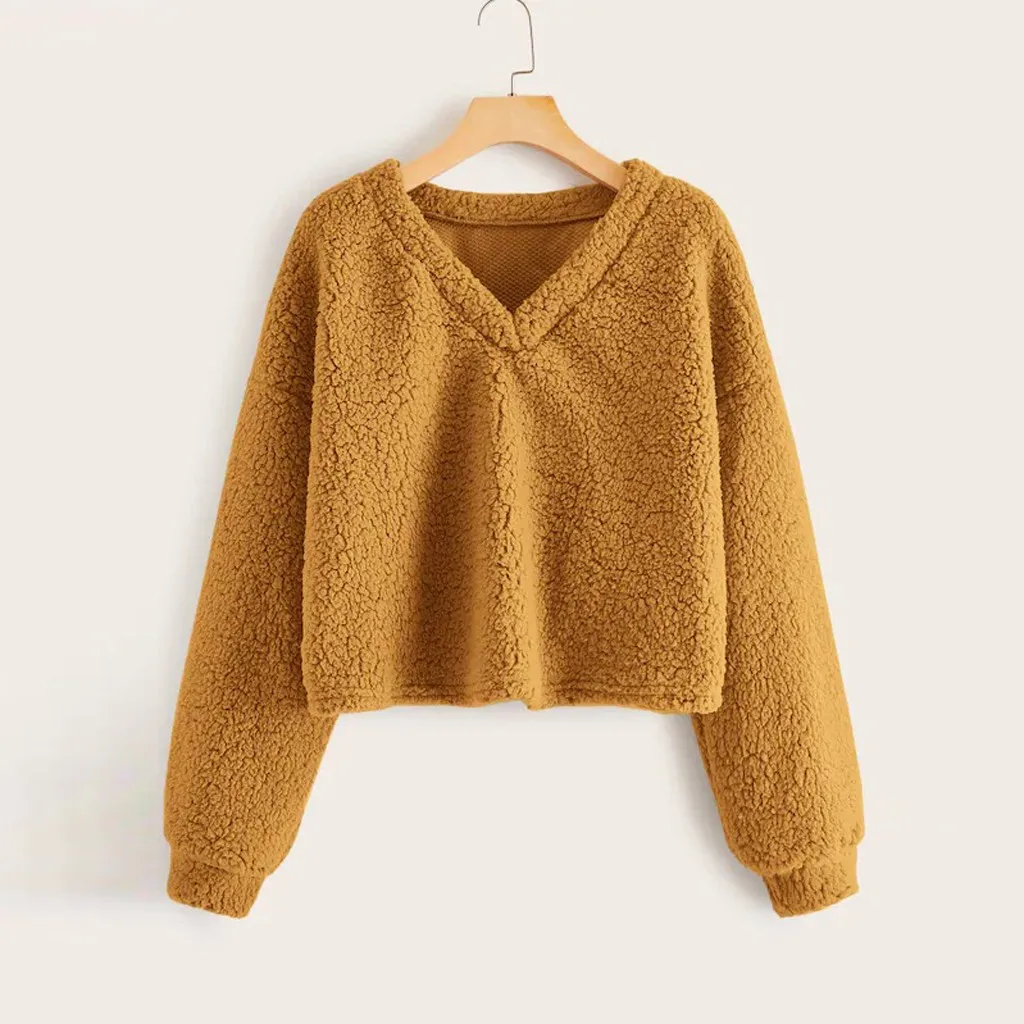 Kawaii moletom feminino sudadera mujer Модный свитшот Женский Повседневный свободный длинный рукав однотонный свитшот с v-образным вырезом