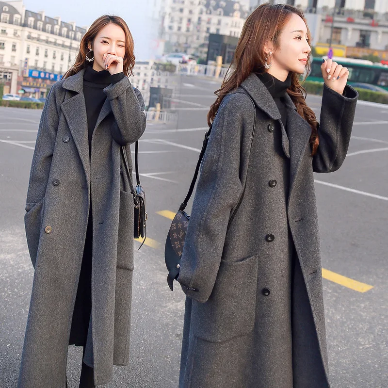 

Woolen Coat Women Mid-length Autumn and Winter New Fashion and Popular Loose Over-the-knee Gray Thick Woolen Coat Coat