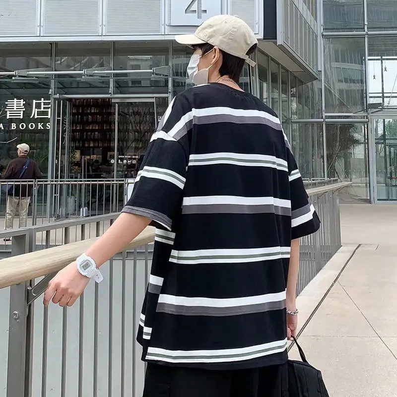 

2021 Hot Sale New Patchwork Stripes Men's T-Shirts Summer Loose O-Neck Pullover Clothing Hip-Hop All-Match Couple Streetwear Top