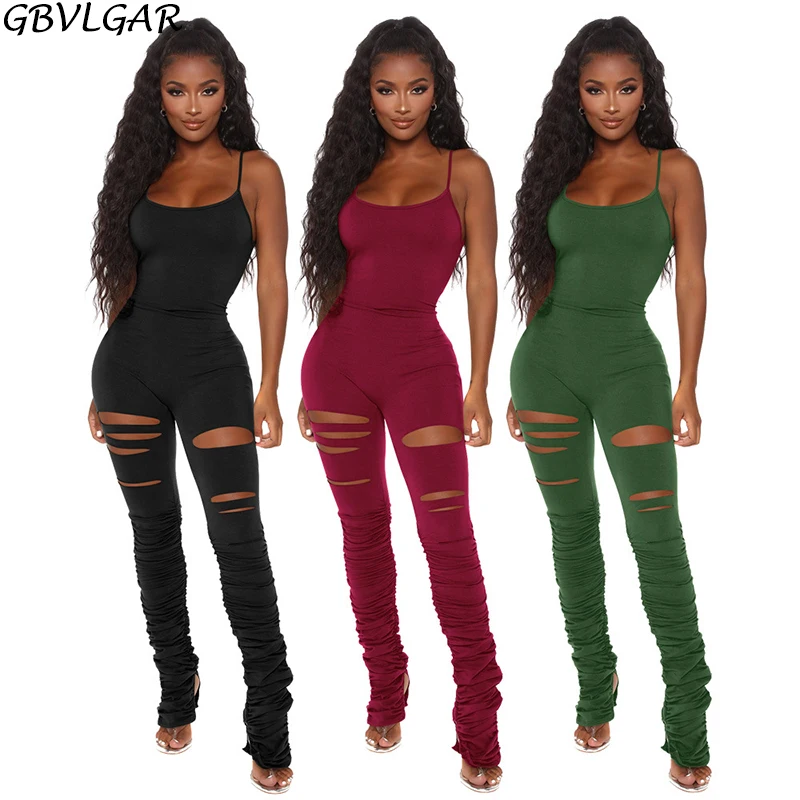 

Women Solid Skinny Spaghetti Strap Sleeveless Street Jumpsuit Hollow Out Stacked Ruched Bodycon Romper Party Club Body Femme Hot