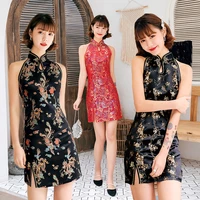 women satin summer chinese dress look thin traditional sleeveless sexy mini elegant qipao