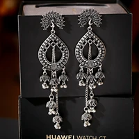 womens vintage silver color water drop long jhumka earrings indian jewelry turkish carved bells earrings tribal gypsy jewelry