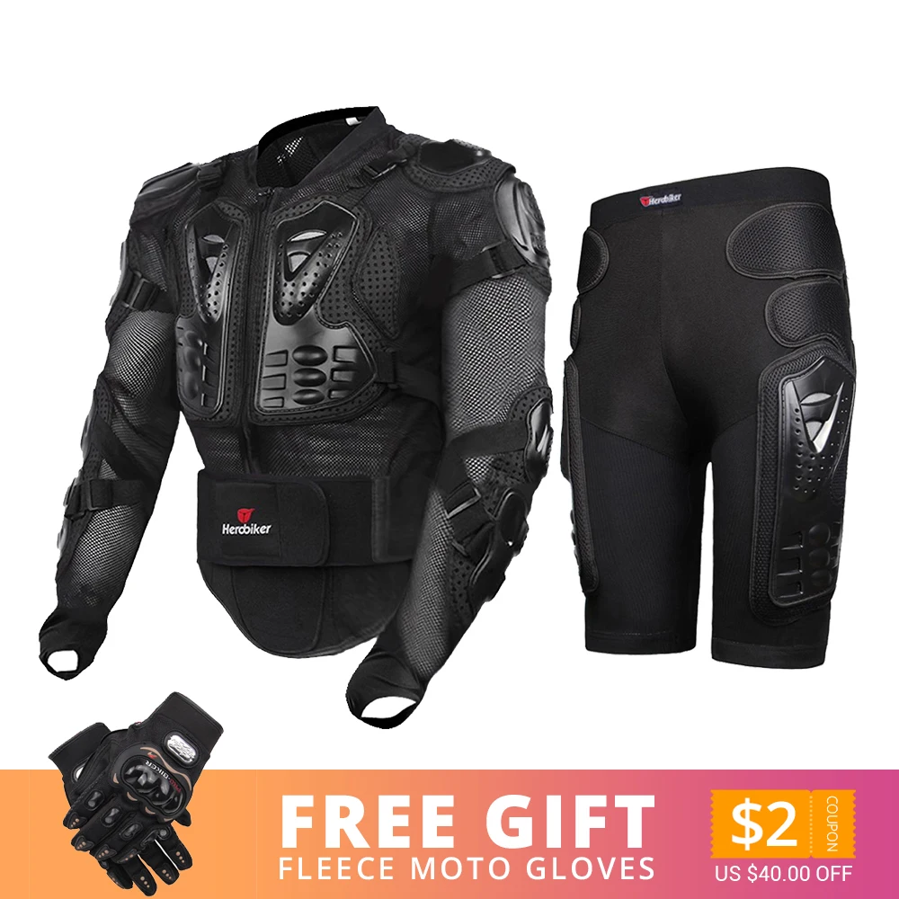 Jacket and Shorts BK HEROBIKER мотоциклетная куртка мужская полное тело мотоциклетная Броня мотокросса гоночная Мото куртка для езды на мотоцикле защита размер S-5XL - Цвет: Jacket and Shorts BK