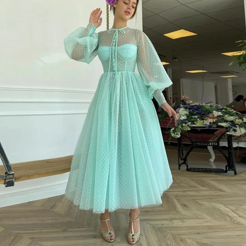 

2021 Shiny Fairy High Neck Prom Dresses Peach Tulle A-Line Short Sleeves Arabic Wedding Party Gown for Graduation Custom Made