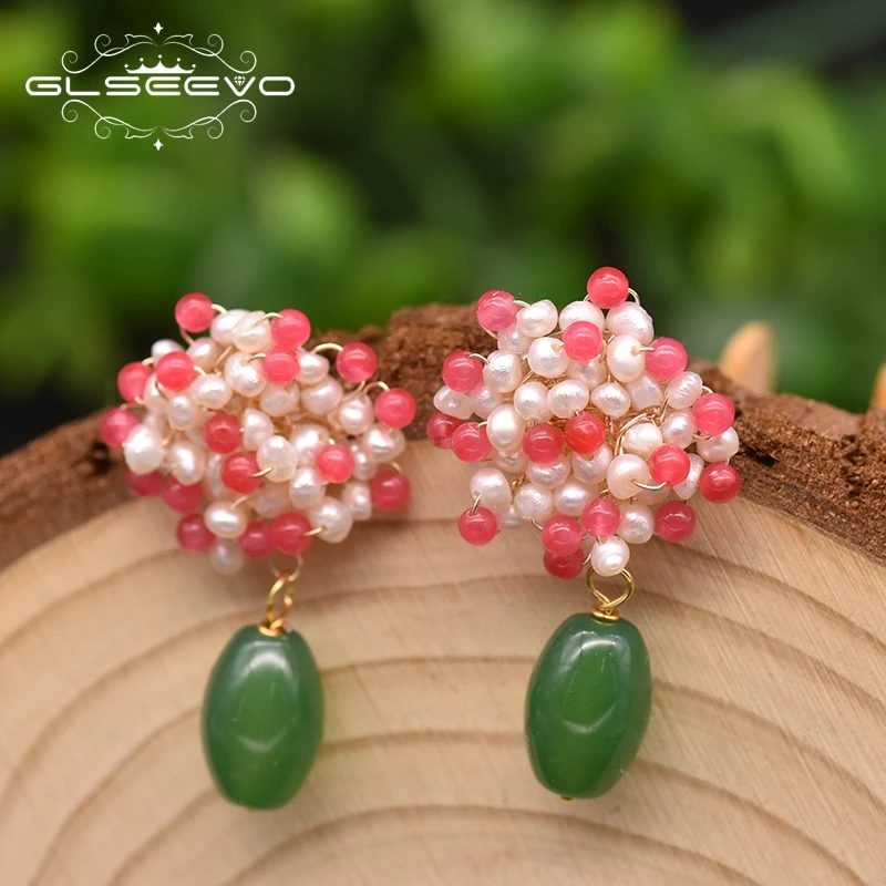 

GLSEEVO Natural Green Agate Drop Earrings For Women White Pink Beads 925 Sterling Silver Flower Dangle Earrings Jewellery GE0983