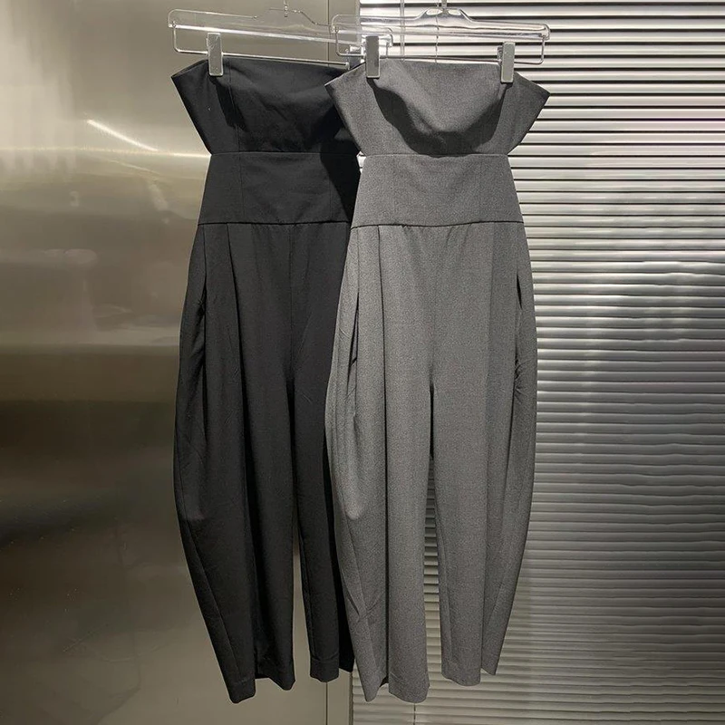 

TWOTWINSTYLE Patchwork Casual Jumpsuit For Women Slash Neck Sleeveless High Waist Solid Loose Jumpsuits Female Summer 2021 Style