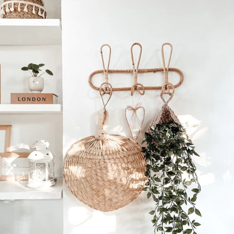 

Rattan Wall Hooks Kids Garments Organizer Rack Clothes Hat Hanging Hook Rattan Hanger Kids Room Decor Hanger