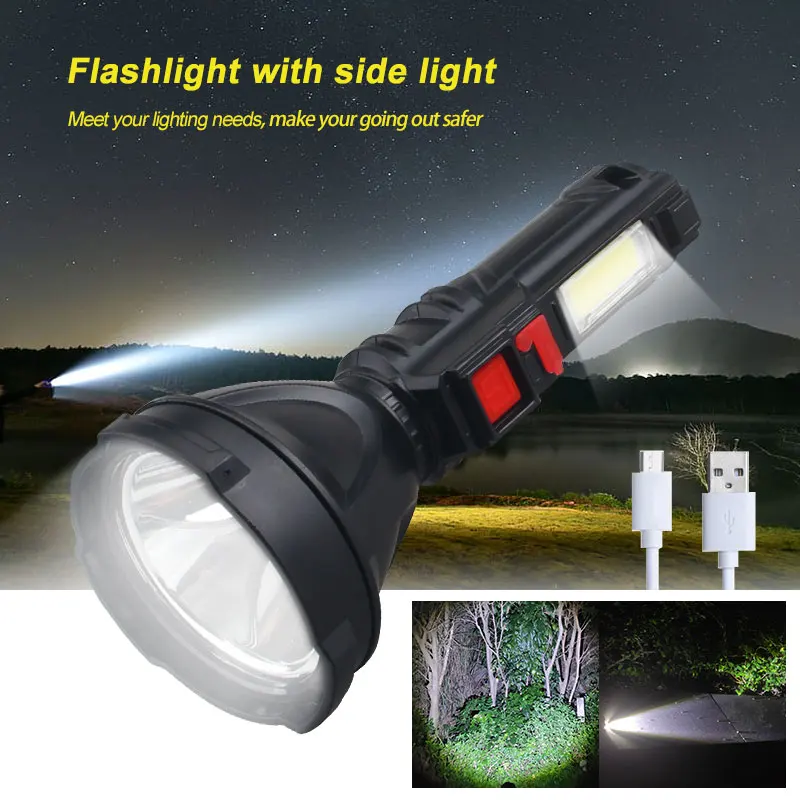 Ultra Bright COB LED Flashlight USB Rechargeable Tactical Torch Light 500m Long Range Lantern 4 Modes Emergency Lamp