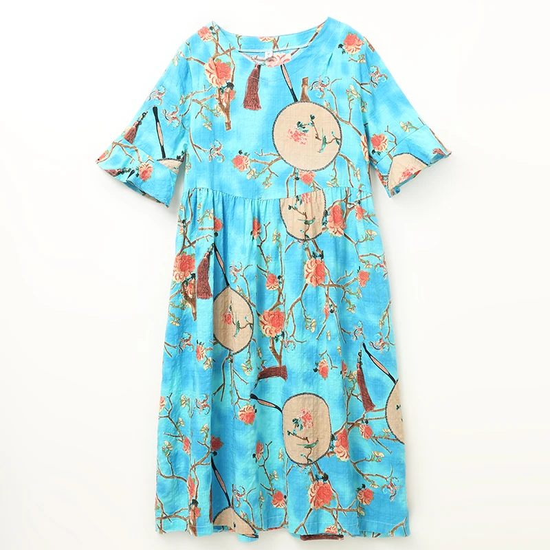 

COIGARSAM Vintage Print Women Long dress New Loose High Waist Belt Dresses Orange Blue 8633