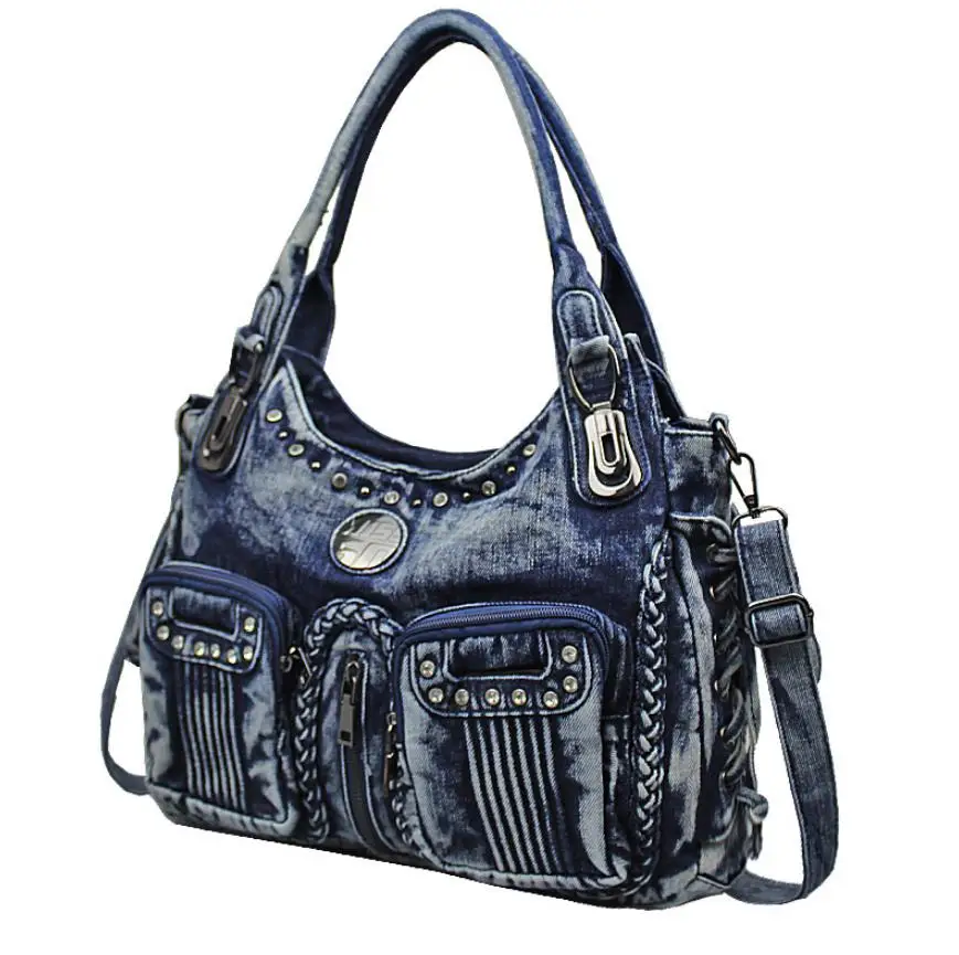 

Luxury Designer Women Bag 2020 Fashionable rivets Denim Handbags Female Jeans Shoulder Bags Weave Design Women Tote Bag HOT