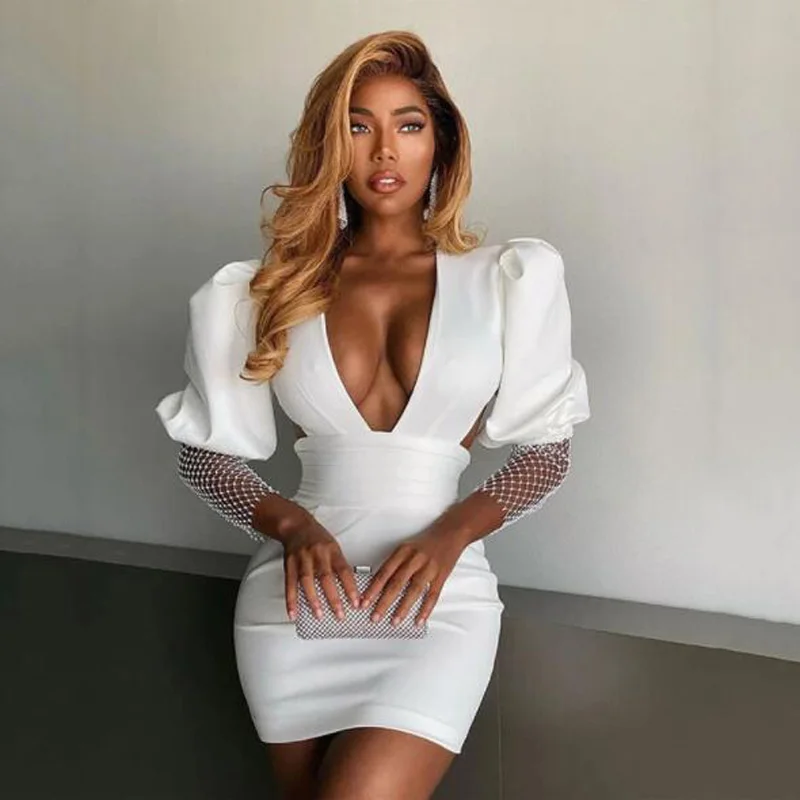 

Cultiseed Women Sexy V Neck Backless Patchwork Hollow Net Drill Puff Sleeve Slim Hip Party Dress Female Fashion Birthday Gowns