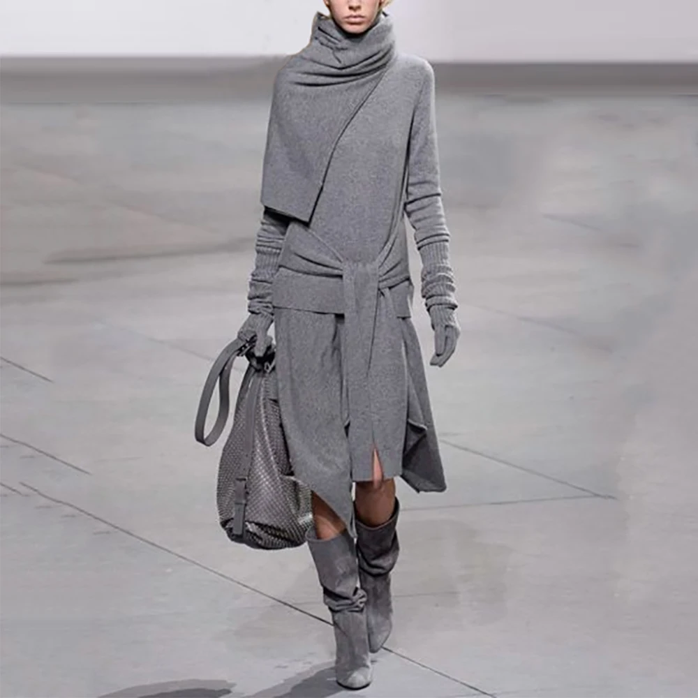 Женский ассиметричный чистый цвет длинный рукав свитер с поясом платье Высокая