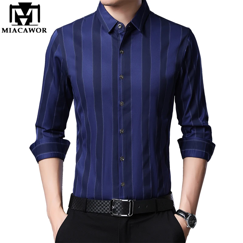 MIACAWOR новая мужская рубашка в полоску повседневная с длинным рукавом приталенная