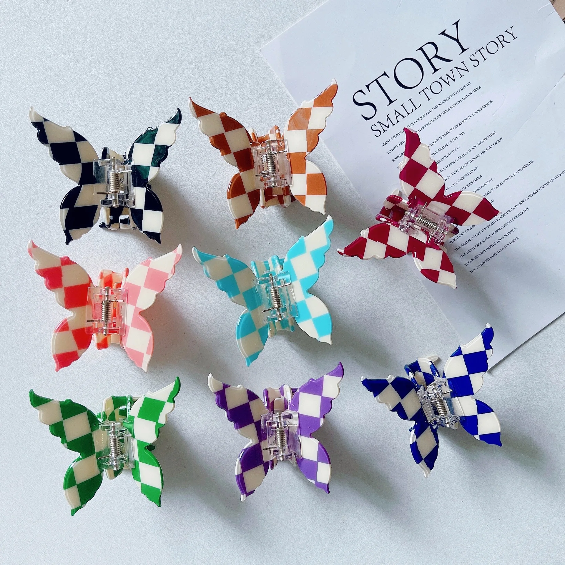 

Новый клетчатый зажим для волос в виде бабочки, ацетатные шахматные зажимы для девочек и женщин, зажим для когтей для женщин и девочек