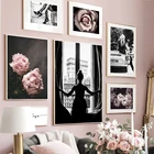 Настенная живопись, холст, цветок, розовая роза, модель девушки, черный, белый, скандинавские плакаты и принты, настенные картины для декора гостиной