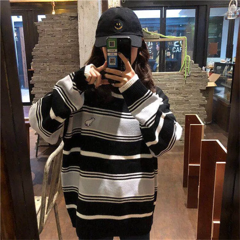 Женский полосатый свитер Ulzzang винтажный свободный с облаками в стиле Харадзюку