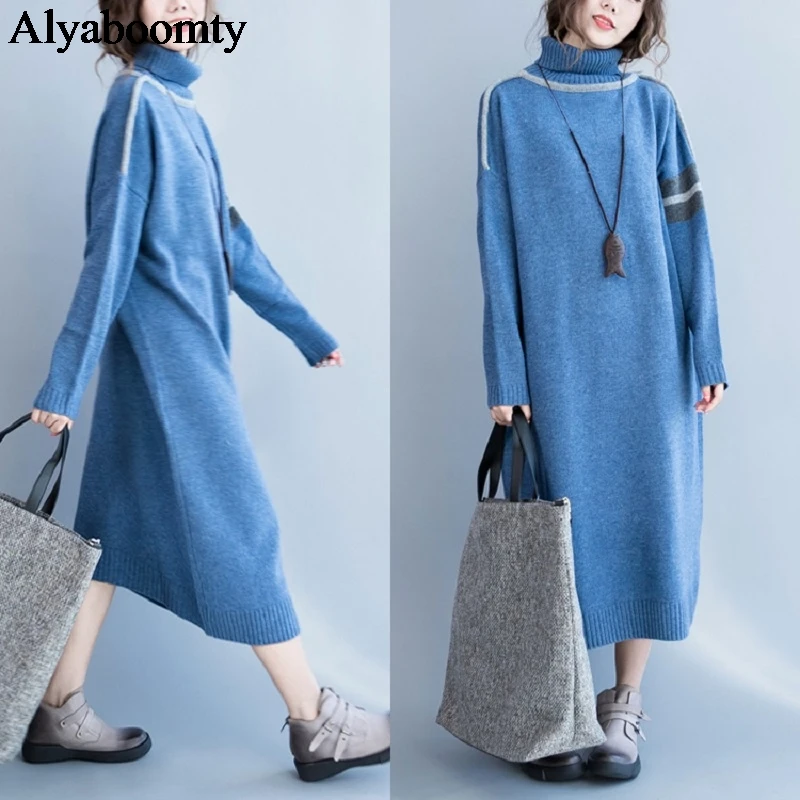 

2021 Autumn Winter Women Plus Size Warm Dress Turtleneck Blue Knitted Casual Vestidos Longo Thicken Elegant Loose Sweater Dress