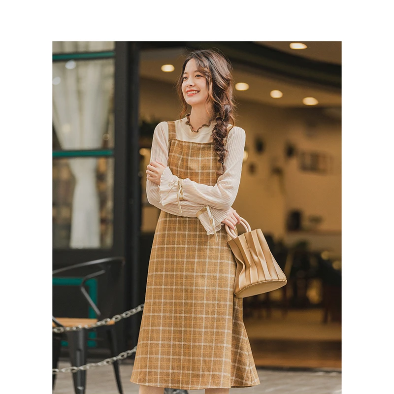 INMAN зимнее литературное ретро платье с квадратной горловиной кофейного цвета в