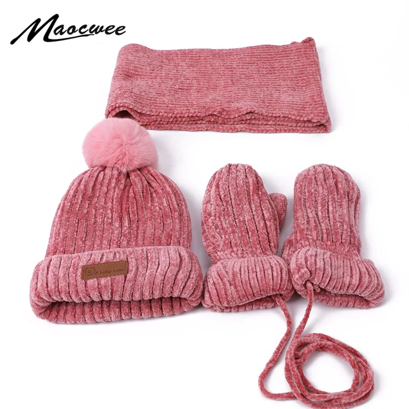 

3 PCS Winter Baby Hat Scarf Gloves Set Children Pompon Knitted Hats For Girls Boys Thick Warm Gloves Scarf Beanies With Lining