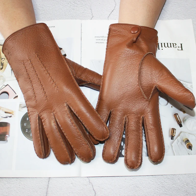 

New hand-stitched touch screen leather men's deerskin gloves Wool knit lining black corrugated driving gloves