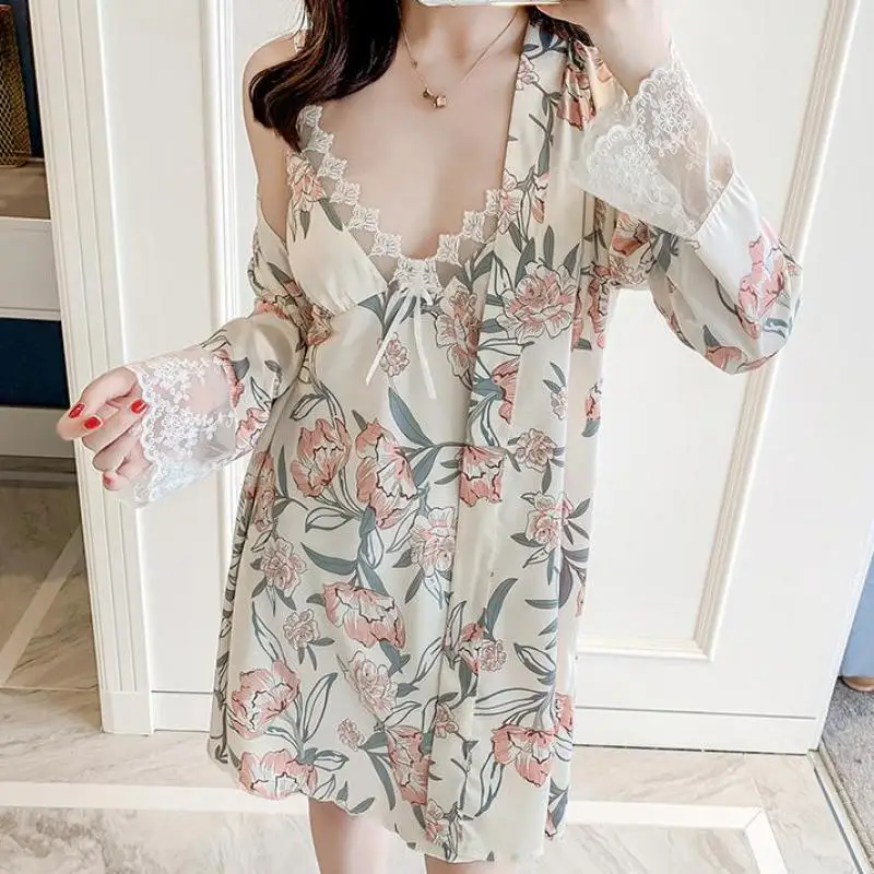 

Sexy Kimono Gown Satin Women Sleepwear Print Nightgown Bathrobe New 2PCS Nighty&Robe Suit Home Clothes Lace Nightwear