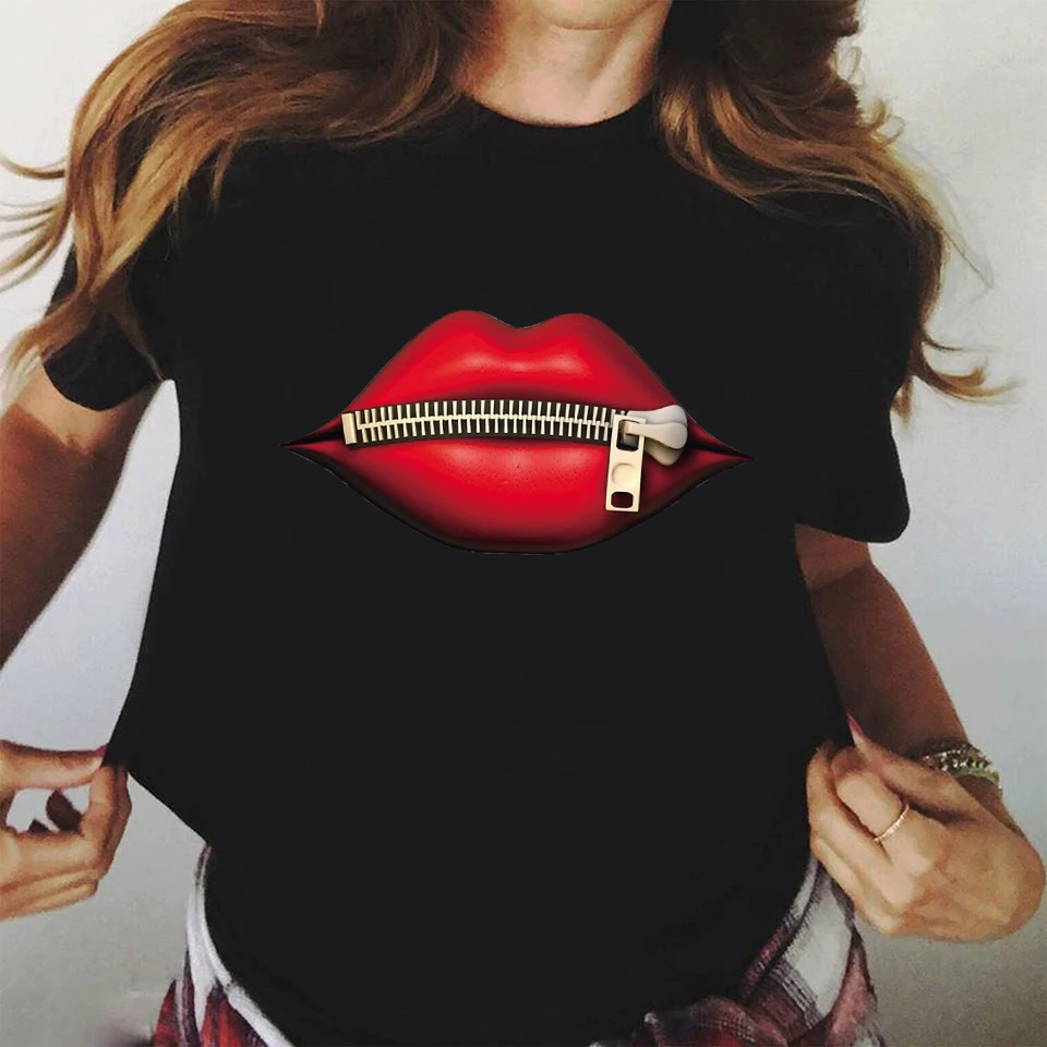 

Zipper Red Lip T-Shirt Women Vogue Casual Short Sleeve Tshirts Vintage Creativity Harajuku Tops Women's Tee Funy Female T-shirt