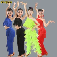 childrens latin dance competition tassel suit girls salsa samba ballroom tops pants cha cha modern dancing practice suits