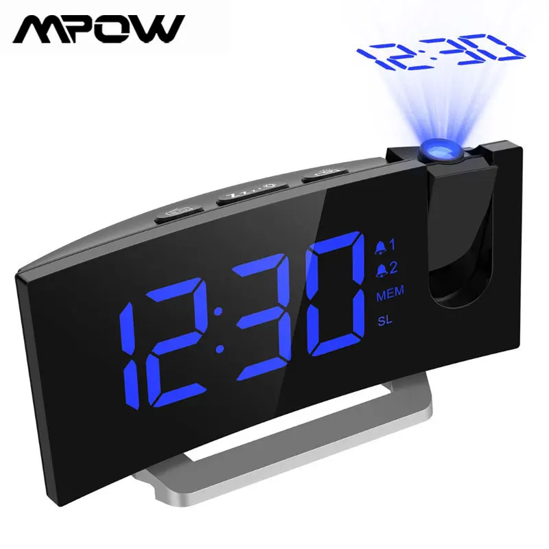 

MPOW LED FM проекционные часы 2 будильника Многофункциональный изогнутый экран 5 уровней яркости дисплея 4 Регулируемый звук будильника Wekker