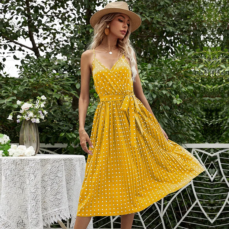 

Donsignet Women Dress 2021 Summer New European and American Chiffon Medium-length Lace-up Dot Sling Pleated Dress Woman Vestido
