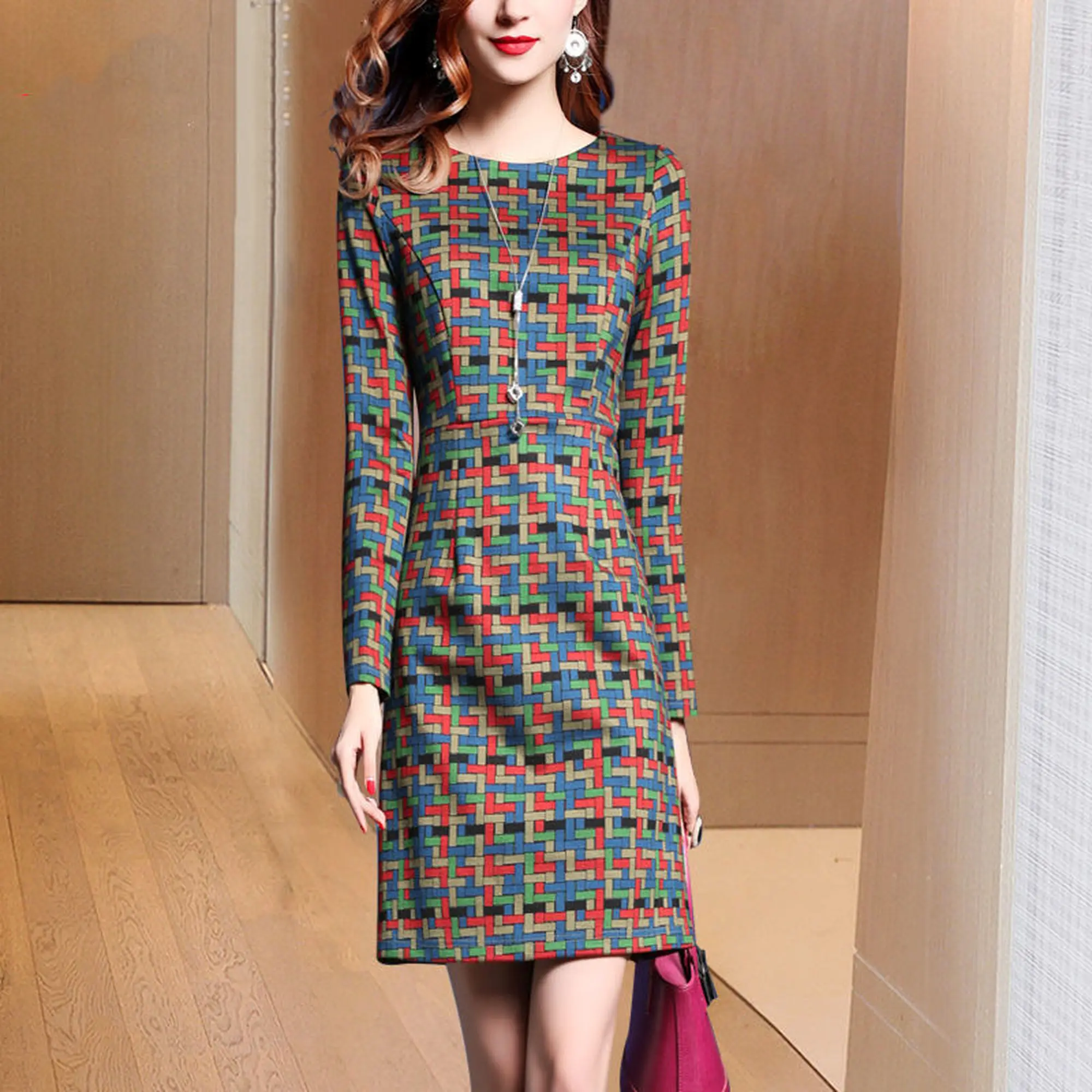 

Printed dress women fall winter 2020 new women's retro fashion bottoming skirt women long sleeves