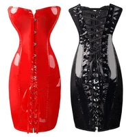 sexy long corset dress wetlook pvc letaher steampunk lace up waist corset and bustier bodycon slim body shaper corsets culbwear