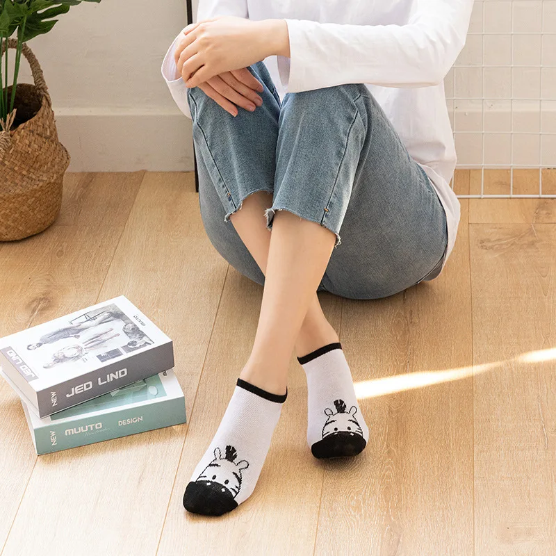 5 Pairs Black White Zebra Summer Cartoon Thin Women Casual Cotton Funny Animals Female Cute Kawayi Happy Girls Boat Socks