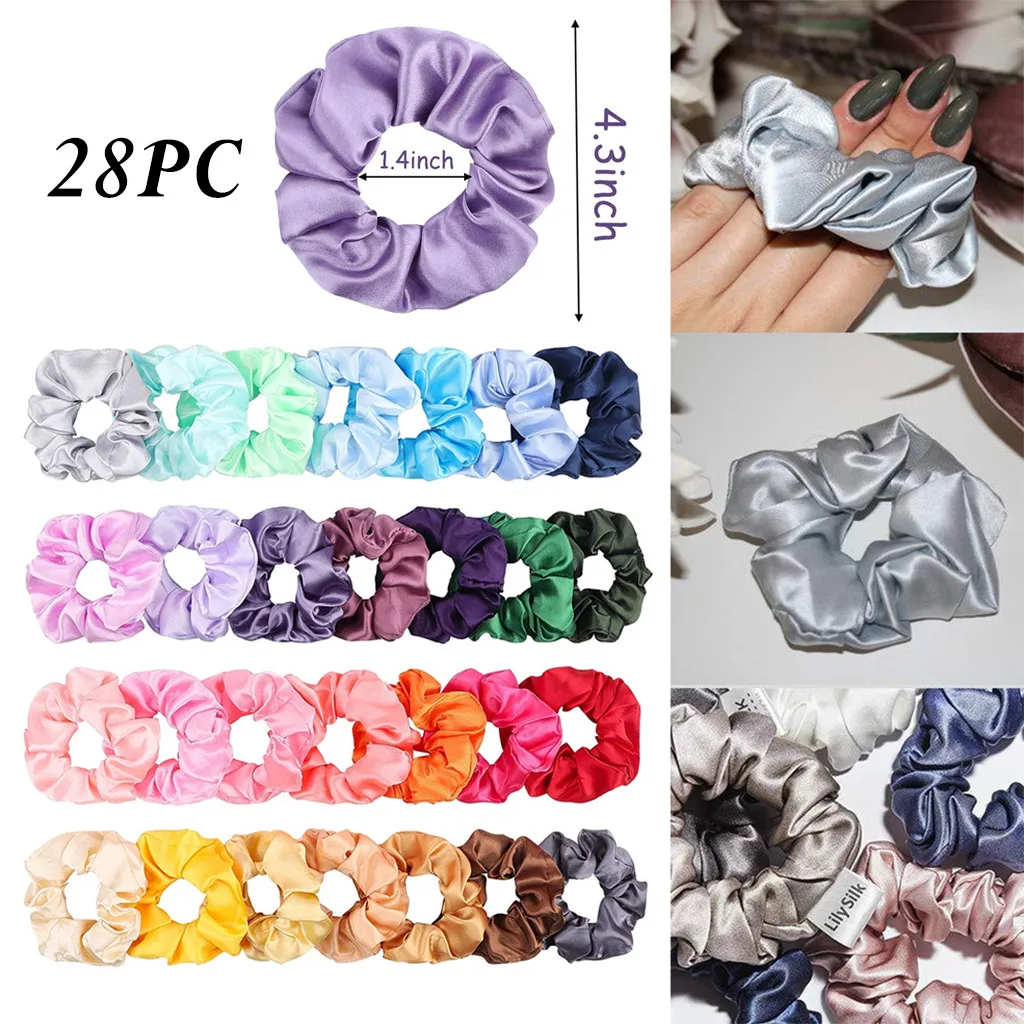 28 шт. винтажная однотонная шелковая атласная резинка для волос подходит женских