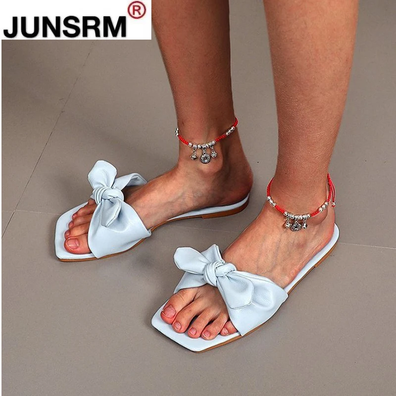 

2021 Women's Bow-Knot Fashion Slippers Female New Solid Cross Tied Casual Shoes Ladies Square Open Toe Comfortable Footwear