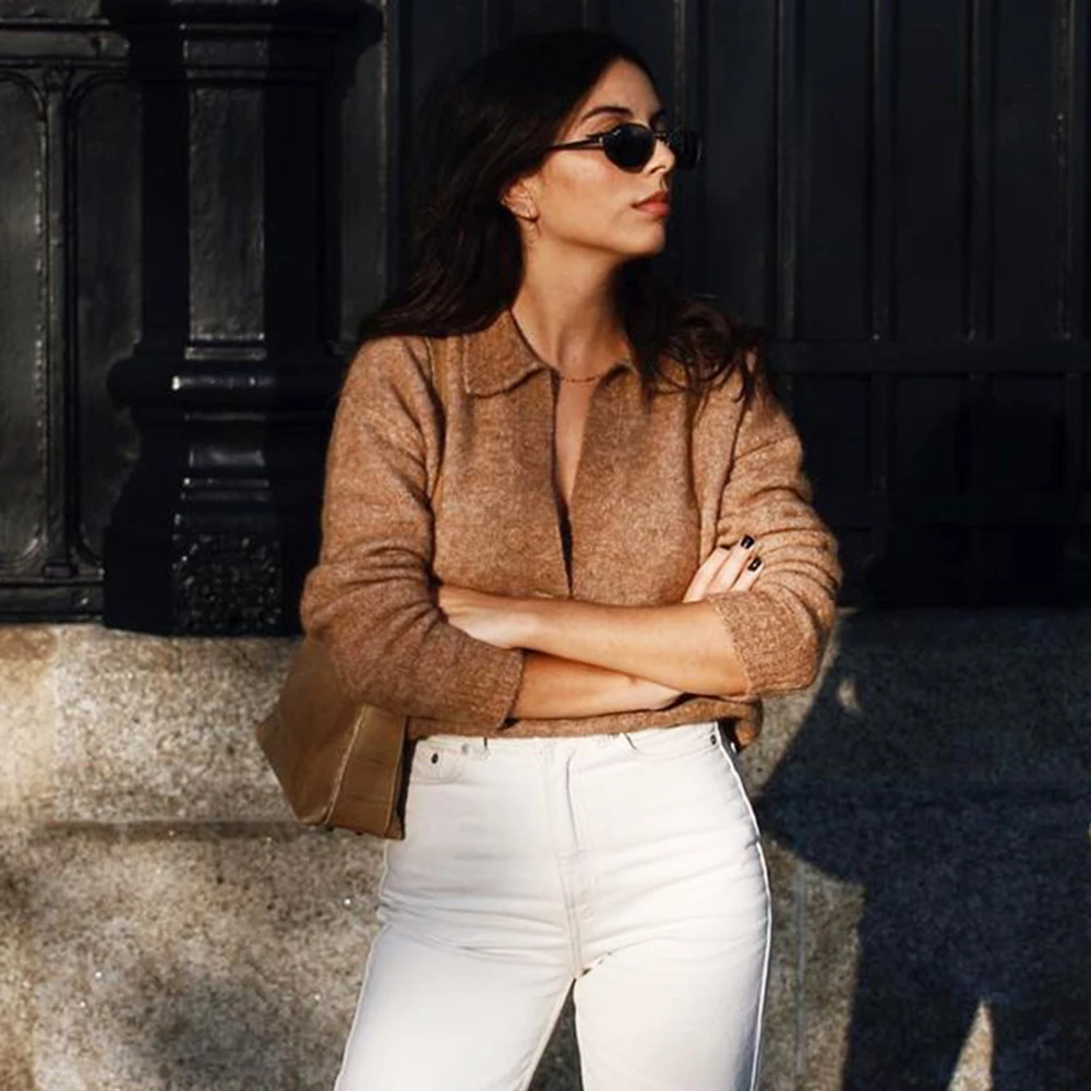 

Chic Pullover Women Mohair Knitted 2021 Deep V Neck Long Sleeve Loose Soft Casual Sweater Spring Elegant Vintage Retro Sweaters