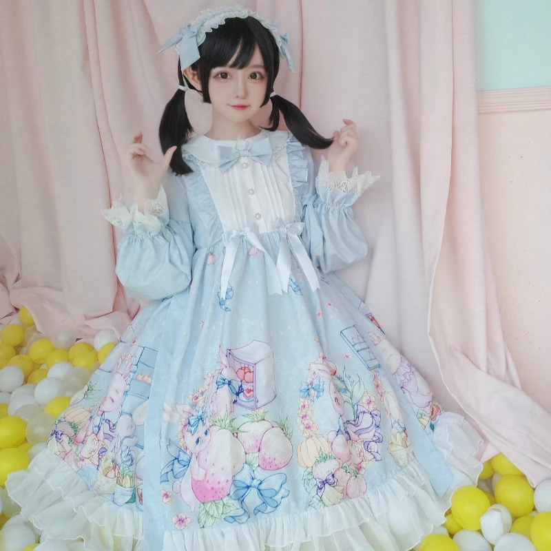 

Gothic Lolita Daily Dress Cute Rabbit Soft Sister Japanese OP Long-sleeved Victorian Kawaii Sweet Dress