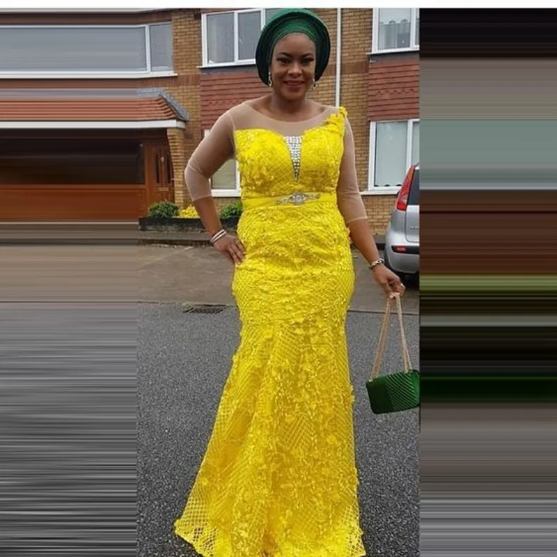 

Aso Ebi Formal Evening Dresses Illusion abiye Yellow Applique Crystal Prom Dresses Plus Size Sheer Sleeve Vestido Longo abiye