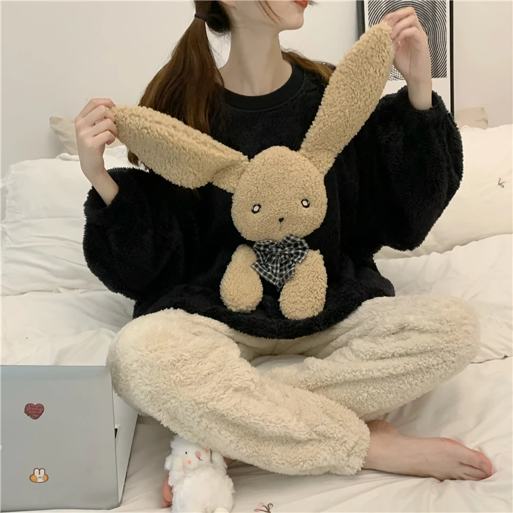 

2021 Fall Winter Cartoon Warm Flannel Women Kawaii Bunny Pyjamas Set Thick Coral Velvet Long Sleeve Sleepwear Flannel Home Wear