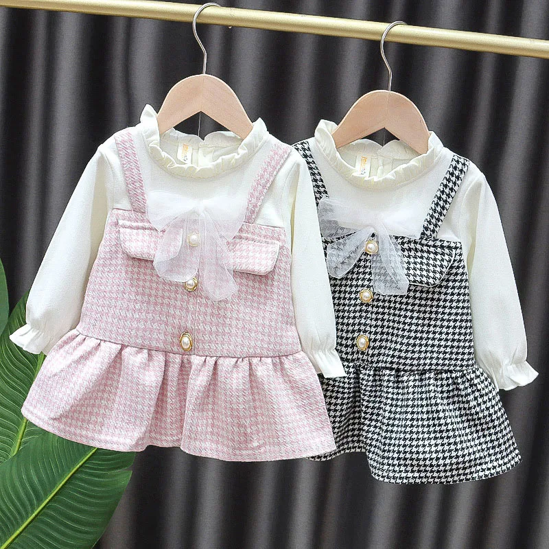 

0-4Y Girls Dresses Cotton Kids Clothes Birthday Party Princess Dress Long Sleeve Fake Two Black Pink Plaid Baby Skirt Ropa Bebe
