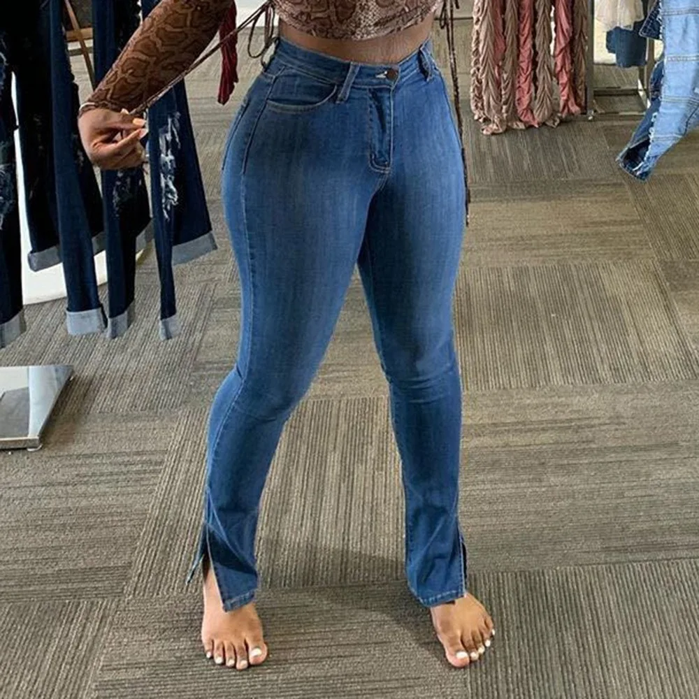 

Solid Jeans Women Tight Slim Denim Plus Size Korean Style Side Slit Ankle-length College Trendy All-match Female Bottom Chic