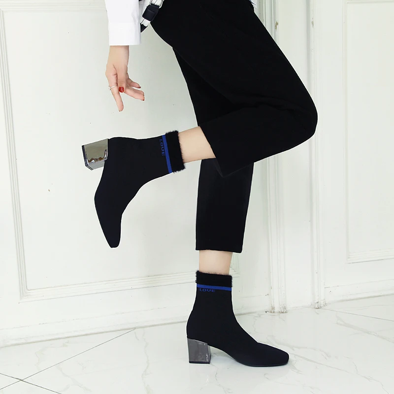 Aneikeh/Модные ботильоны с эластичными носками женские растягивающиеся ботинки на